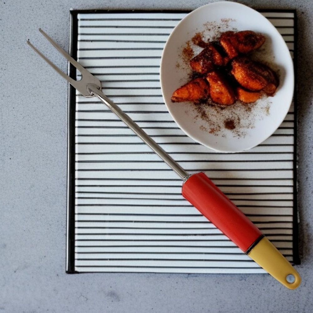 A&J Ecko Serving Fork Vintage Red Yellow Handle‎ Stainless Steel USA Melamine